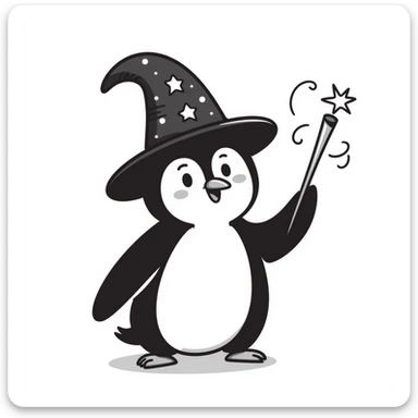 hand-drawn penguin with wizard hat and wand casting magic sticker