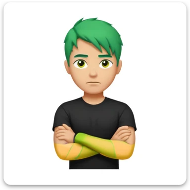a man with his arms crossed over his chest, green hair, and serious eyes sticker