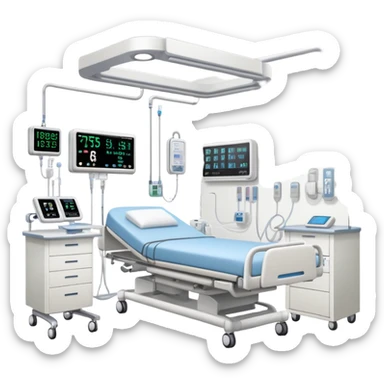 Hospital sleep laboratory with hospital bed, sleep monitoring equipment, medical staff, EEG monitors, and hospital room features sticker