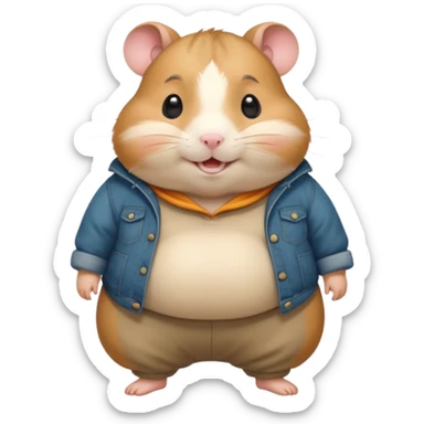Cute chubby cartoon-style hamster wearing oversized pants that look too big, proud and smiling expression. Painterly shading, white background, sticker-style illustration sticker
