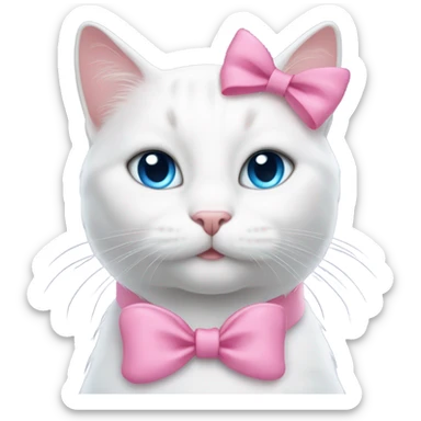 blue eyed white cat with pink bow on top of head and pink bow around neck sticker
