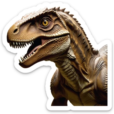 Cinematic Realistic Noble velociraptor/T-rex Portrait Emoji, Poised and imposing, with a massive, muscular build and a rugged, intricately scaled hide in ancient earthy tones, a sharply defined, fearsome head with piercing, primal eyes rendered in lifelike detail, high shine, intelligent and formidable, styled with an air of prehistoric authority, focused and attentive, soft glowing outline, capturing the essence of a watchful and confident velociraptor/T-rex that appears ready to roar out of the screen with timeless power! sticker