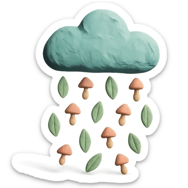 cloud raining tiny leaves and mushrooms, whimsical rain, pastel tones, matte plasticine claymation style with visible fingerprints sticker