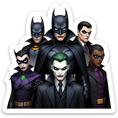 Icon for Thriller Movies: A large, dramatic collage featuring sinister villains in dark clothing. The background shows the gloomy cityscape of Gotham, with dim lighting and eerie shadows. The atmosphere should be tense, mysterious, and suspenseful. Transparent background. sticker