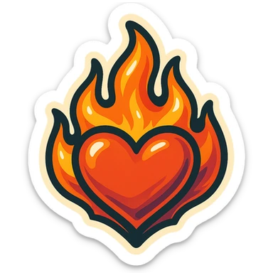 retro sticker style image of a stylized flame with heart-shaped core, bold outlines, juicy colors, expressive highlights and shadows sticker