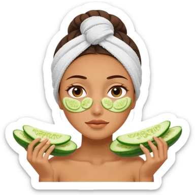 woman at the spa with cucumbers on her eyes (no eyeballs showing) and tan skin tone with towel covering hair sticker