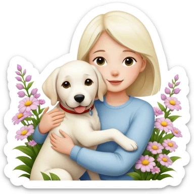 A girl happily hugs a white Labrador among the flowers sticker