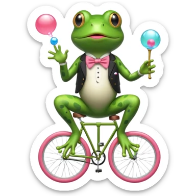 A frog riding a unicycle wearing a monocle blowing a bubble gum bubble sticker