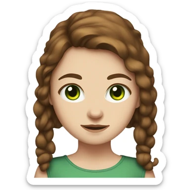 A white girl with brown hair and green eye and a cat sticker