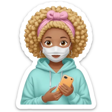 Black girl, clean girl aesthetic, 4C curly hair in a puff, pastel hoodie, white sneakers, minimal jewelry, soft smile, cozy vibe, bright colors, Apple-style skincare routine     White face mask + towel on my head = self care time. sticker