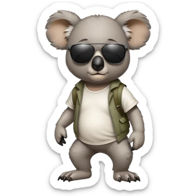 anthropomorphised koala in casual clothing, wearing dark sunglasses, walking upright, looking like a tough guy sticker