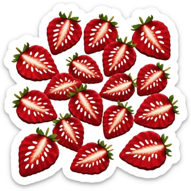 dried strawberry slices, two or three, deep red, curled edges, natural seeds, inner pattern, leathery wrinkled texture, matte, small thin irregular shapes, no bowl or garnish, no faces, clean 3D, soft shadows, transparent background, emoji scale sticker