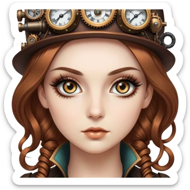 Cinematic 32k HD, Beautiful Steampunk style woman with large glistening eyes, ultra realistic details, each lash, eye, and hair is shown in stunning detail as though captured in a timeless photograph, rich textures, visually rich, so lifelike it could leap off the page at any moment sticker