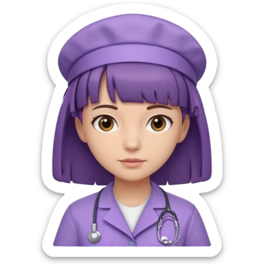 A young female slim nurse with short Brown hair with fringe over her forehead, wearing larvendar purple working cloth sticker