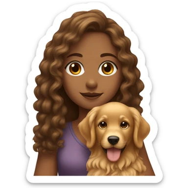 Tan skinned girl with  long brown curly hair with a golden retriever puppy sticker