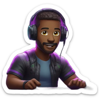 Gamer with mic and neon lights sitting at desk sticker