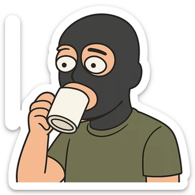 flat toon style man's face with a black full mask drinking coffee sticker