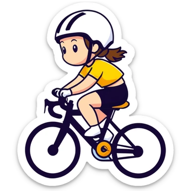 girl riding a road bike, wearing sportswear and a helmet sticker