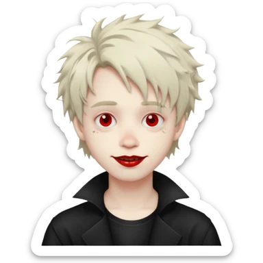 Happy pale Goth boy with shaggy hair, and messy, smudged, red, lipstick  sticker