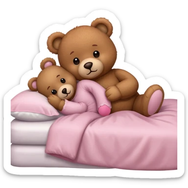 Brown teddy bear laying with a light pink teddy bear in bed sticker