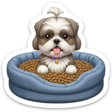 old ALL grey shih tzu in dog bed tongue hanging out with a bowl of food sticker