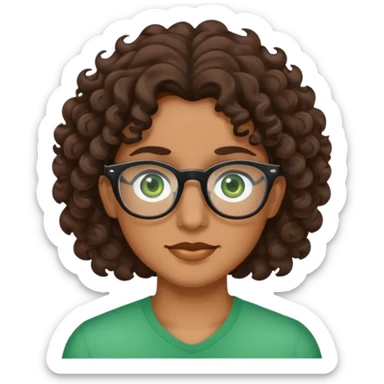 Tan with dark brown, curly wavy hair with green eyes and clear glasses ￼ sticker