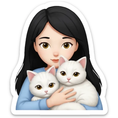 black-hair-girl snuggle with white cat sticker