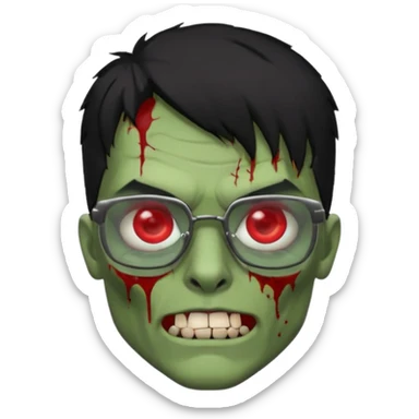 homem zumbi de óculos cabelo preto com muita olheira deixar pele dele verde dentes brancos e olhos vermelhos e ensanguentados deixar óculos quadrado e preto e olhos cheio de veias vermelhas e encher o rosto de piercings colocar piercing em todo rosto sticker