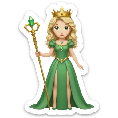 Queen, crown, blonde wavy hair, green eyes, long green narrpw dress, whole Body, sticker