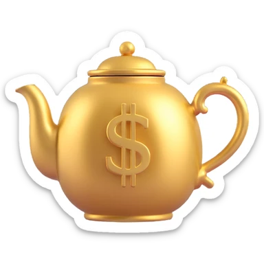 a shiny gold teapot with a dollar symbol on it sticker