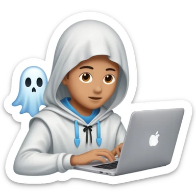 Create an emoji where an ungender person sits in front of the desk, designing ghost characters on laptop. Please refer to the attached image for ghost characters. sticker
