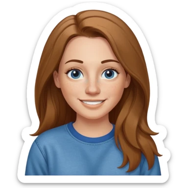 A 38 year old white woman with long brunette hair parted in the middle. She has a nose ring. She has freckles and is wearing a sweatshirt and jeans smiling sticker