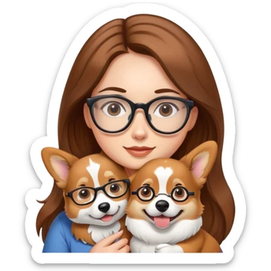 A girl with long brown hair and glasses holding a corgi sticker