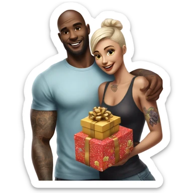 Hyper Realistic beautiful woman receiving a gift and a box of chocolates from a handsome tattooed man  sticker