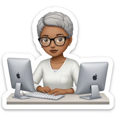 Light skinned Black girl with glasses short natural gray haircut working on computer sticker