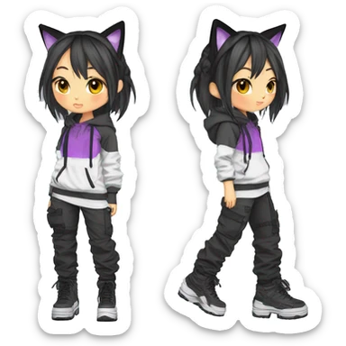 Edgy cool shy colorful Asian urban beautiful pretty anime punk tomboy-lady with cat ears techwear cargo pants hoodie collar  sticker