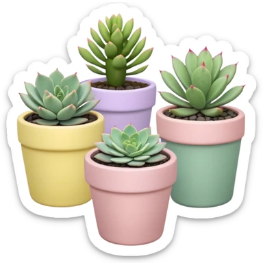 A pastel pink ceramic pot with a sedum succulent, a pastel green ceramic pot with a graptopetalum succulent, a pastel yellow ceramic pot with an echeveria succulent, and a pastel purple ceramic pot with a flowering cactus. All are cylindrical and placed separately on the floor. sticker