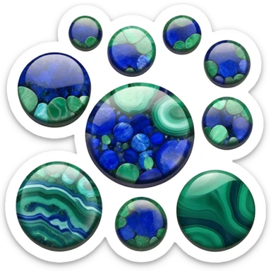 Round cabochon gemstone with blue azurite and green malachite mixed patterns and high polish sticker