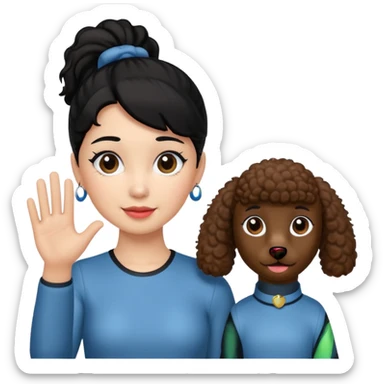 Ponytail black hair girl with brown Poodle say goodbye  sticker