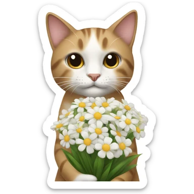 cat with a bouquet of white flowers in her hand sticker
