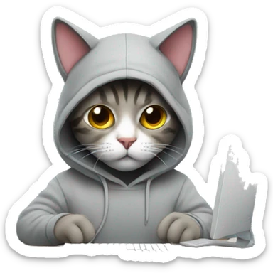 cat is a graphic designer in a hoodie and headphones, working at a computer in photoshop sticker