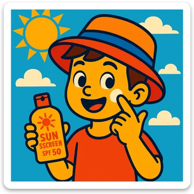 bright cartoon style of a boy wearing a hat and applying sunscreen on his cheek sticker