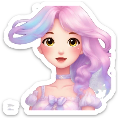 Gorgeous pastel anime style lady blushing nebula gradient sparkle face dreamy idol model colorful shiny stars galaxy kawaii cottagecore pearly petite simplistic aesthetic trending style sticker