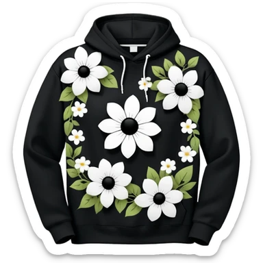 The BLACK Hoodie features a black base with distinctive white and black  open flower spots with empty space in the middle, These hollow ring-like patterns are scattered across. BLACK AND WHITE FLOWERS SPACED OUT FLOWERS, AND ONLY A FEW FLOWERS AND NO DOTS, NO VINES, NO LEAVES sticker