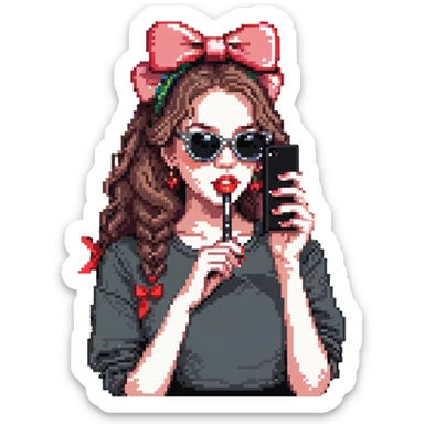 Girl with huge lips, sunglasses, bow on her hair, holding a phone with attitude sticker