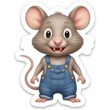 cartoonish hillbilly rat wearing overalls no shirt standing and talking. human eyes. teeth showing sticker