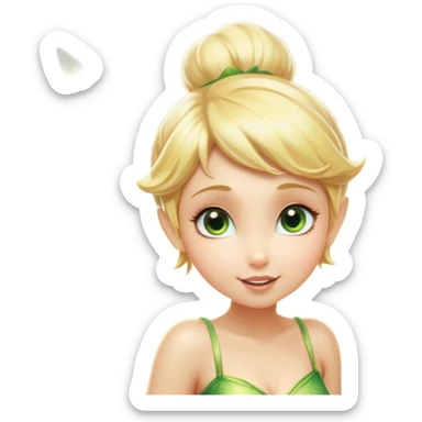 Cinematic Realistic Blonde Tinker Bell Fairy Portrait, head tilted playfully and inquisitively, showcasing a delicate pixie form with finely detailed, golden blonde hair and softly glowing, translucent wings that catch the light with a cascade of fairy dust. Her bright, curious eyes sparkle with mischief and wonder, rendered with lifelike clarity and warm, gentle lighting that captures the essence of a spirited, charming fairy ready to flutter playfully into your heart. sticker