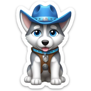 Gray Siberian Husky with blue eyes puppy wearing a cowboy hat dressed in Jedi clothing Holding a Lightsaber with the Paw sticker