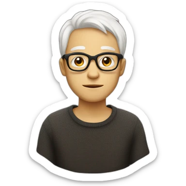 thin white teenager with white hair.  He is cross-eyed and wears black glasses.  he has a triangular shaped head.  he's also wearing a brown sweater sticker