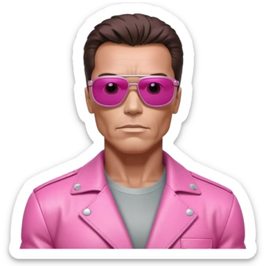 Schwarzenegger-like Terminator, upper body only, wearing his iconic clothes in pink (all clothes must be pink), looking more human with minimal robotic details, and wearing dark sunglasses, hair must be dark sticker